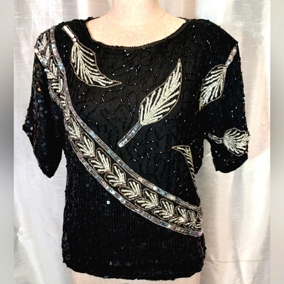 JLB Paris SILK Blouse, Silver Sequin/Beaded leaf pattern, Short Sleeves, M or 10 - Picture 1 of 8